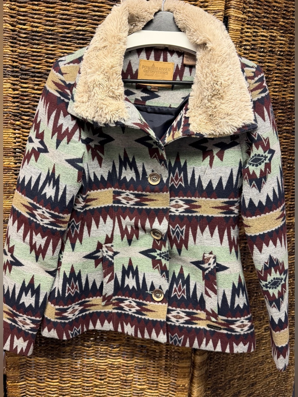 Powder River Outfitters Women's Aztec Print Sherpa Collar Coat- Mint/Maroon, Med